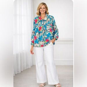 Susan Graver Turquoise Pink Floral Metropolitan Lightweight Spring Jacket Size L